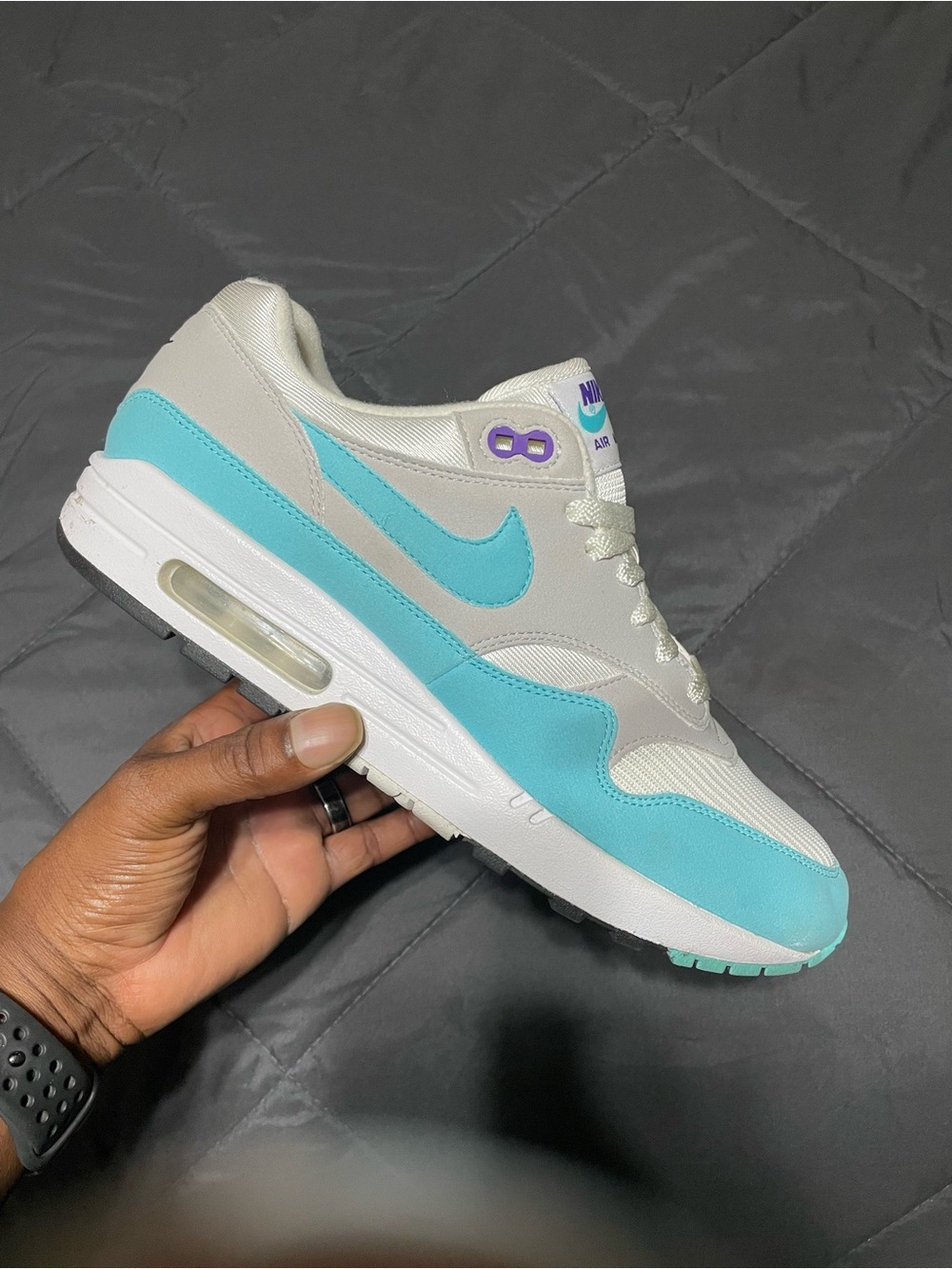 Nike Men’s Air Max 1 Sneakers in Teal and Light Gray